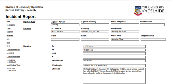 Vanessa Sy's false university incident report page 1