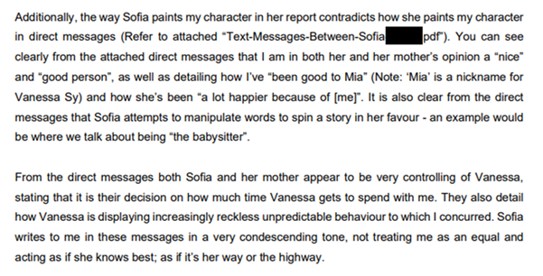 Defendant comments on Sofia Sy manipulation facebook messages